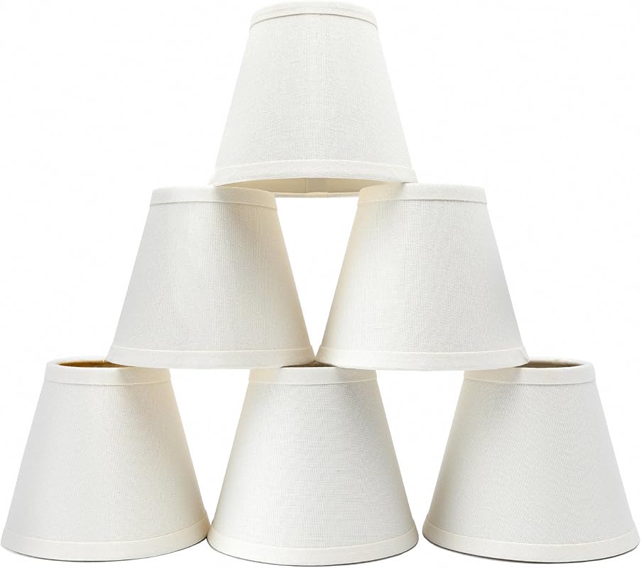 Set of 6 White Linen Clip-On Lamp Shades for Chandeliers and Small Bul