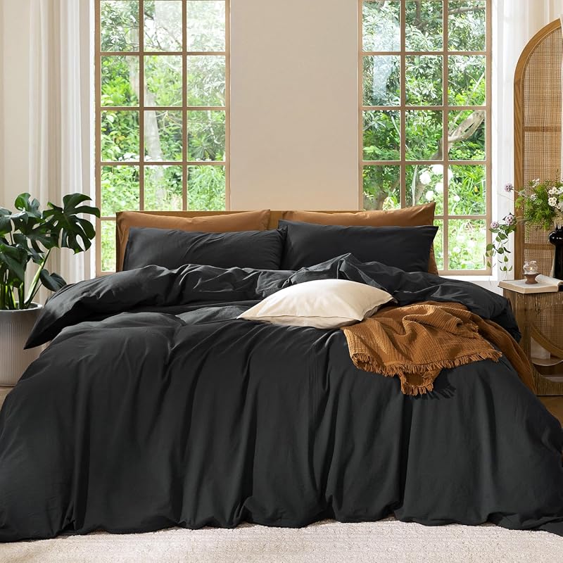 MooMee Washed Cotton Duvet Cover Set, Linen-Like Texture Breathable Be