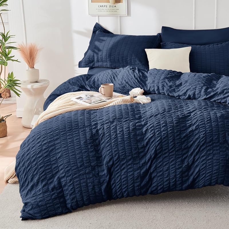 HYMOKEGE 3-Piece Seersucker Duvet Cover Set, Ultra Soft Brushed Microf
