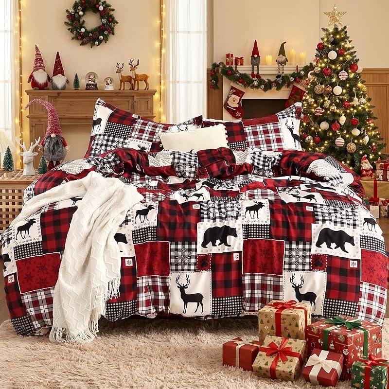 Reindeer Print King Christmas Duvet Cover, Soft Brushed Microfiber Hol