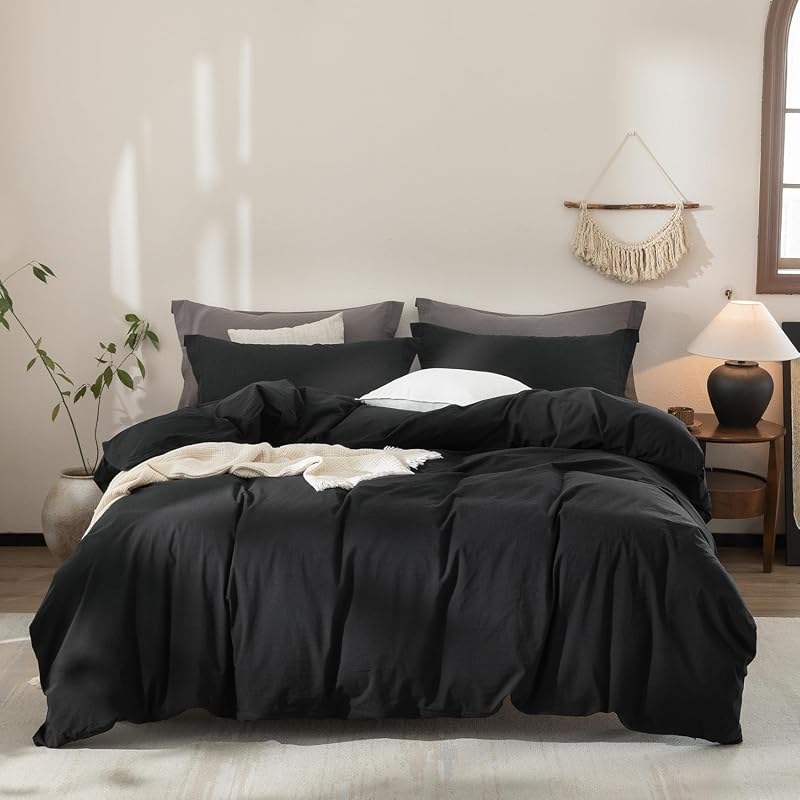 Black Washed Cotton Queen Duvet Set