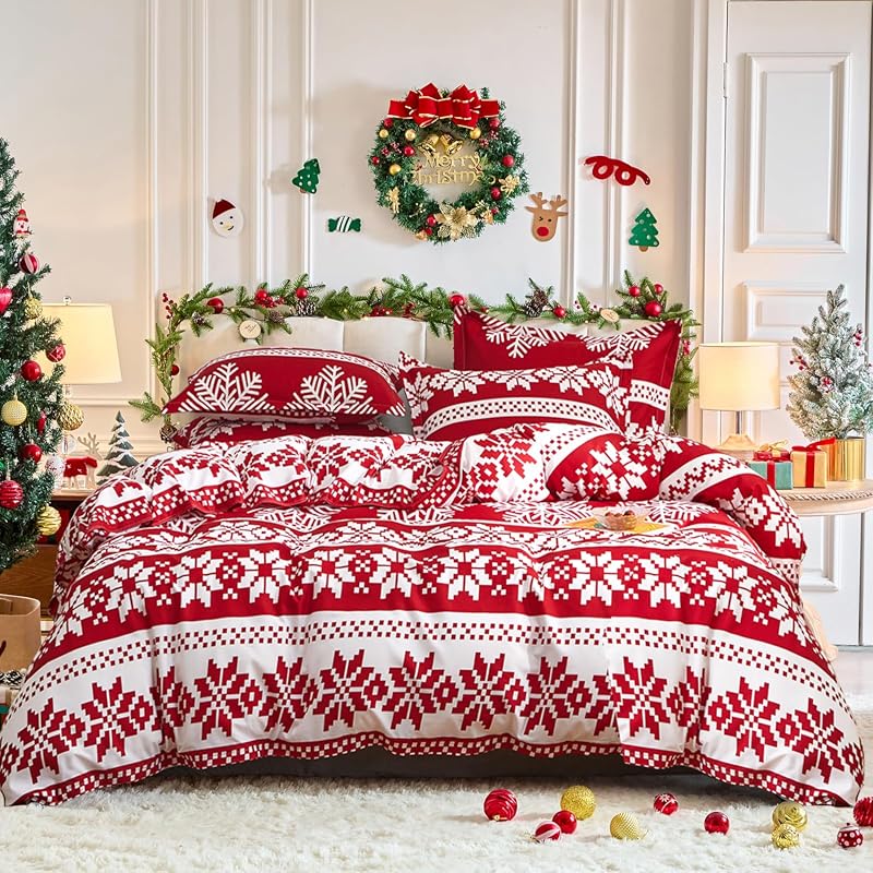 Flysheep Christmas Snowflake Queen Duvet Cover Set, Soft Microfiber Be