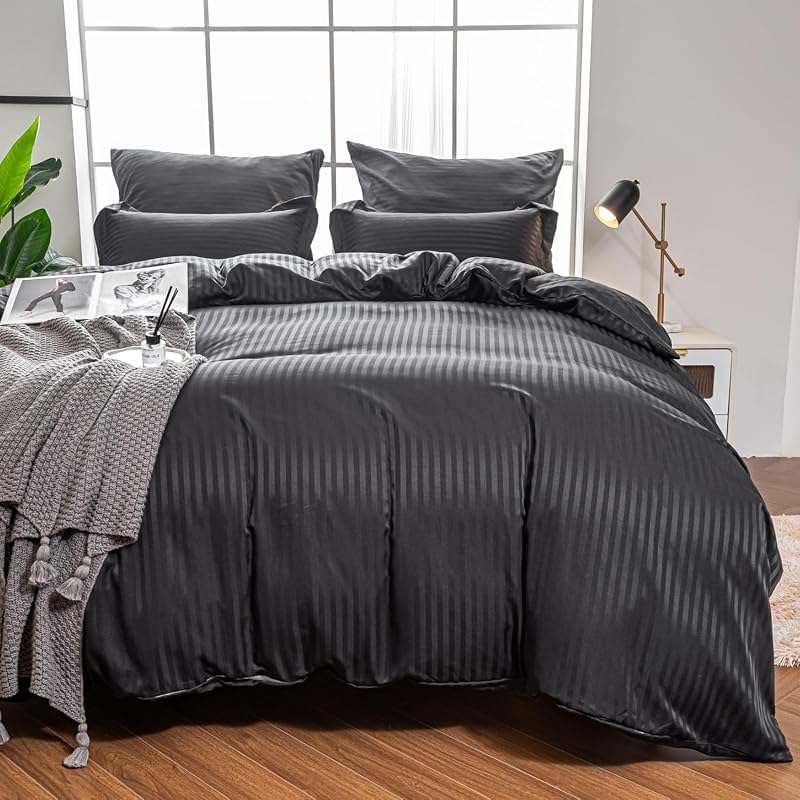 Black Satin Damask Striped King Duvet Cover Set, Soft Breathable Hypoa
