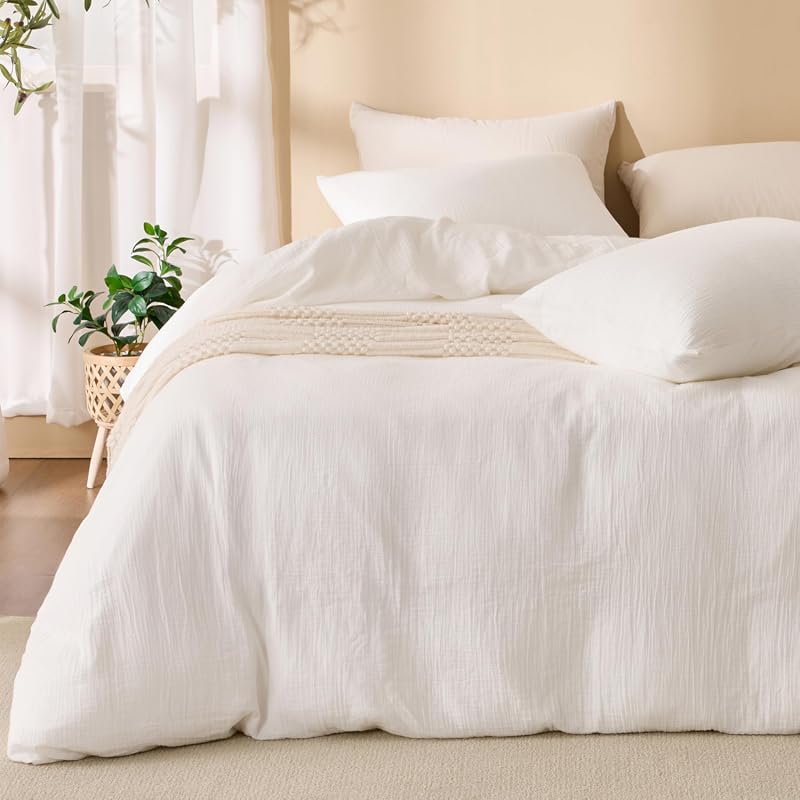 Off White Queen Duvet Cover Set, 100% Sandwashed Cotton, Soft Breathab