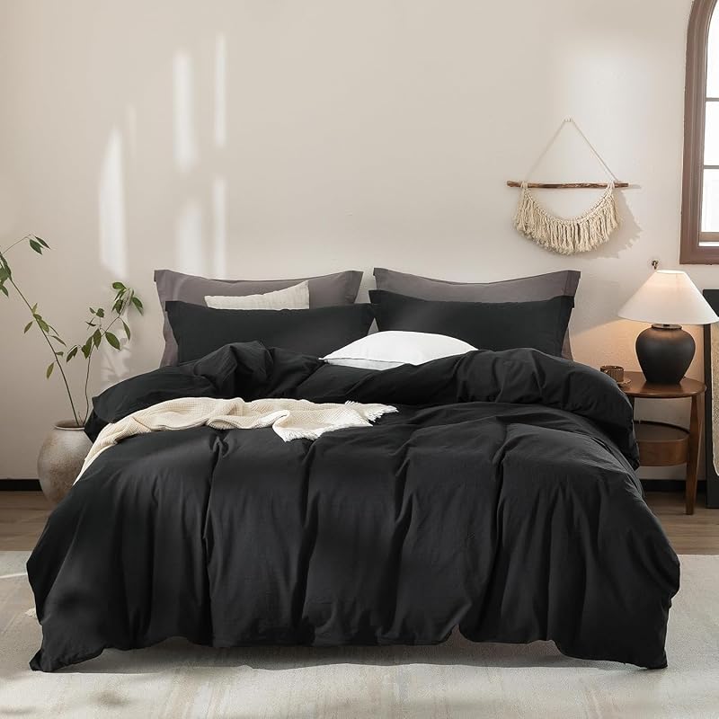 Black Super King Duvet Cover Set, 100% Washed Cotton Bedding with Zipp