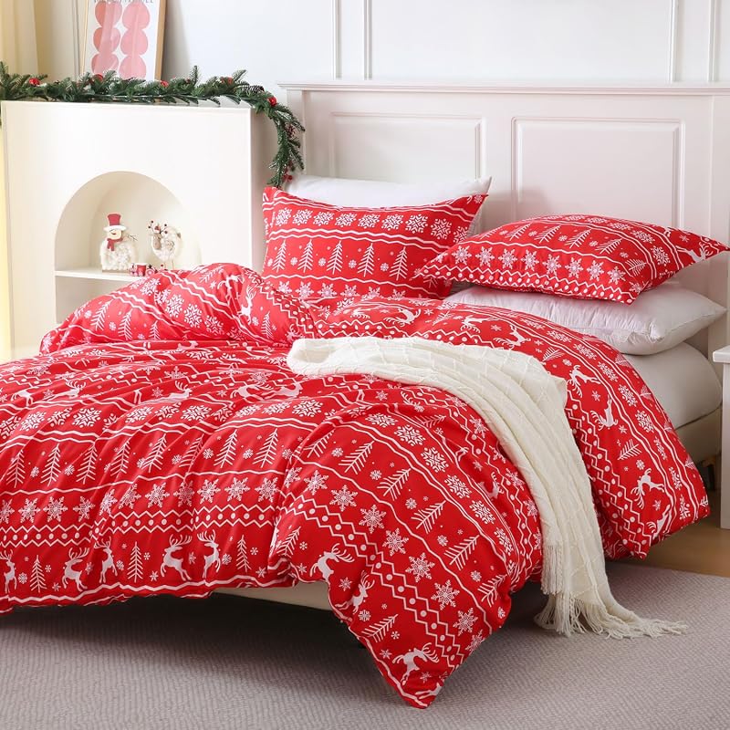 JSD Red Christmas Queen Duvet Cover Set, Printed Microfiber Holiday Be