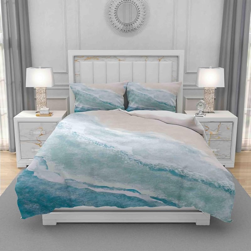 3-Piece King Duvet Cover Set, Blue Sea Beach Waves Design, Soft Microf