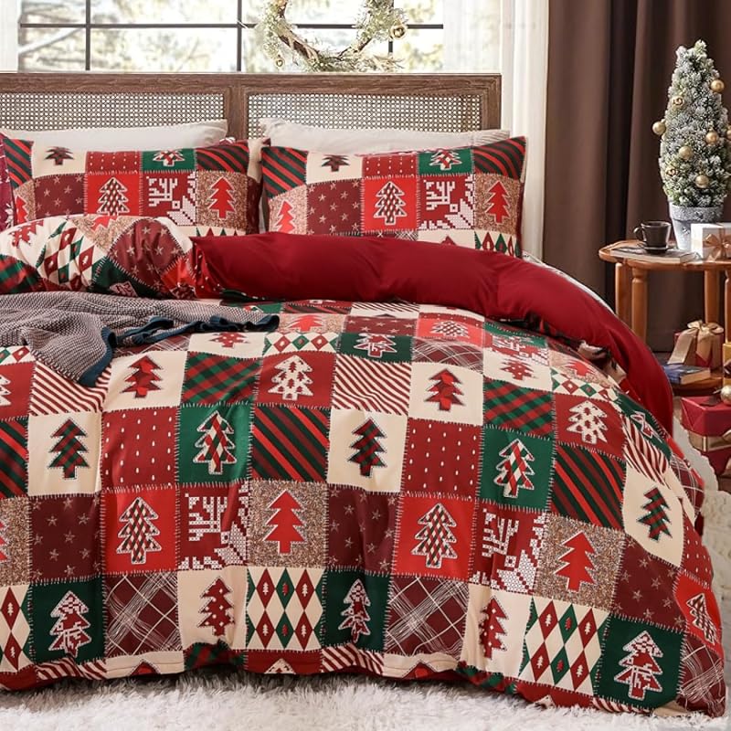 Christmas Queen Duvet Cover Set, Reversible Holiday Tree Pattern Beddi