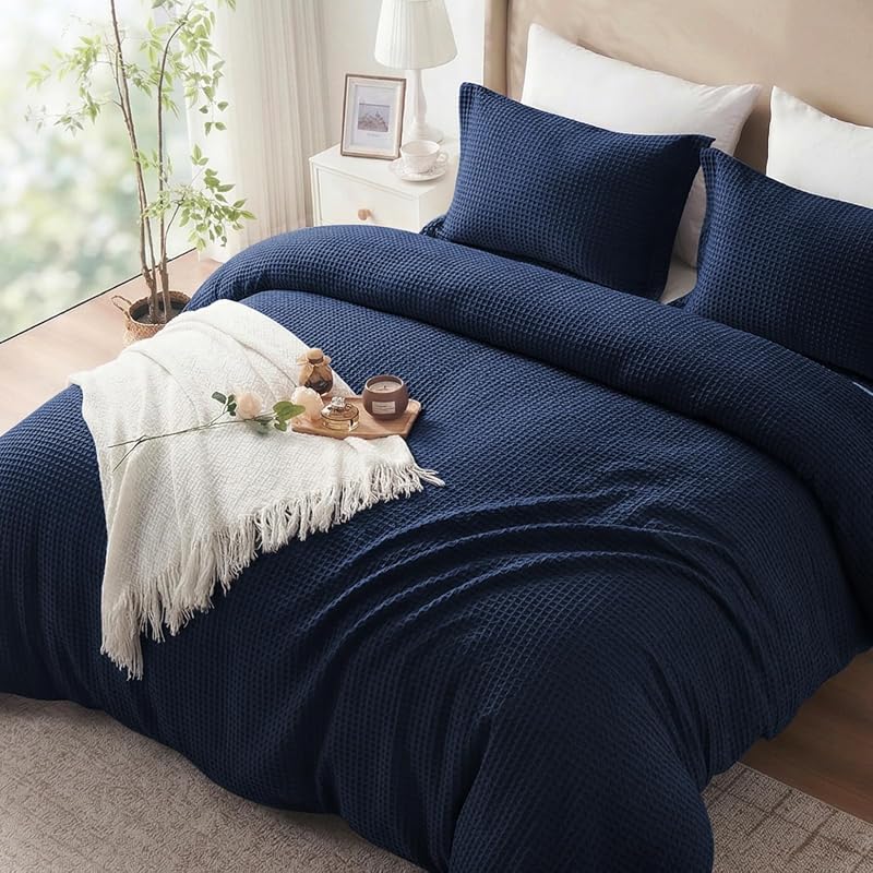 Premium 100% Cotton Waffle Weave Duvet Cover Set, Queen Size, 3-Piece 