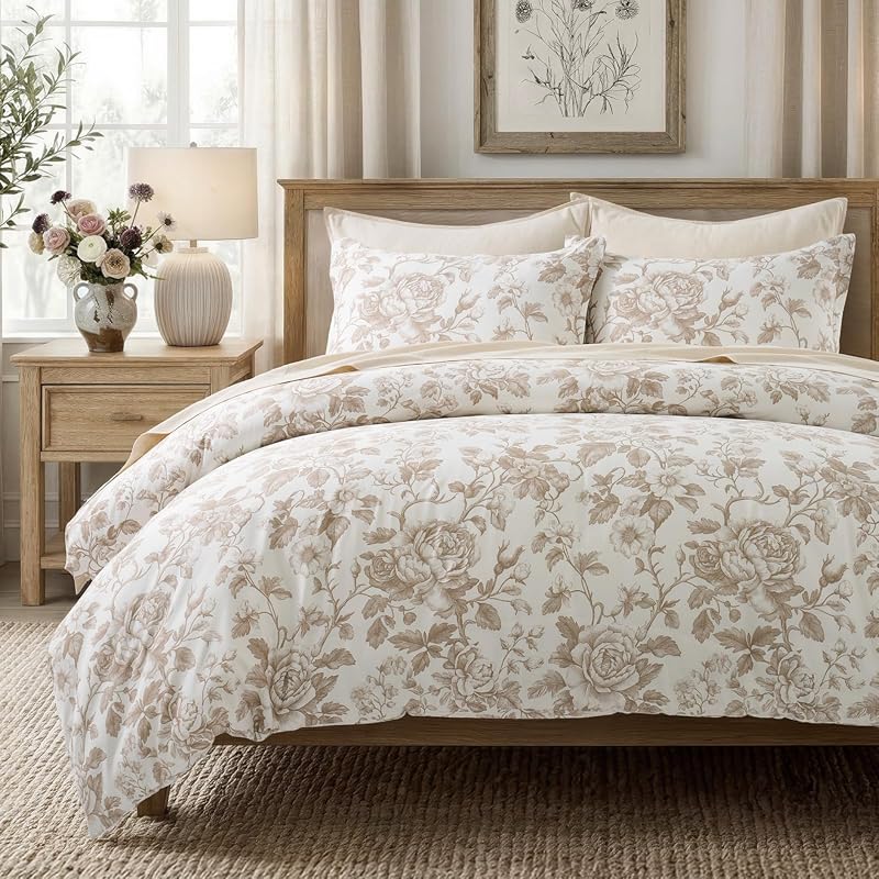 EverGrace 100% Cotton Sateen Queen Duvet Cover Set, Floral Toile Print