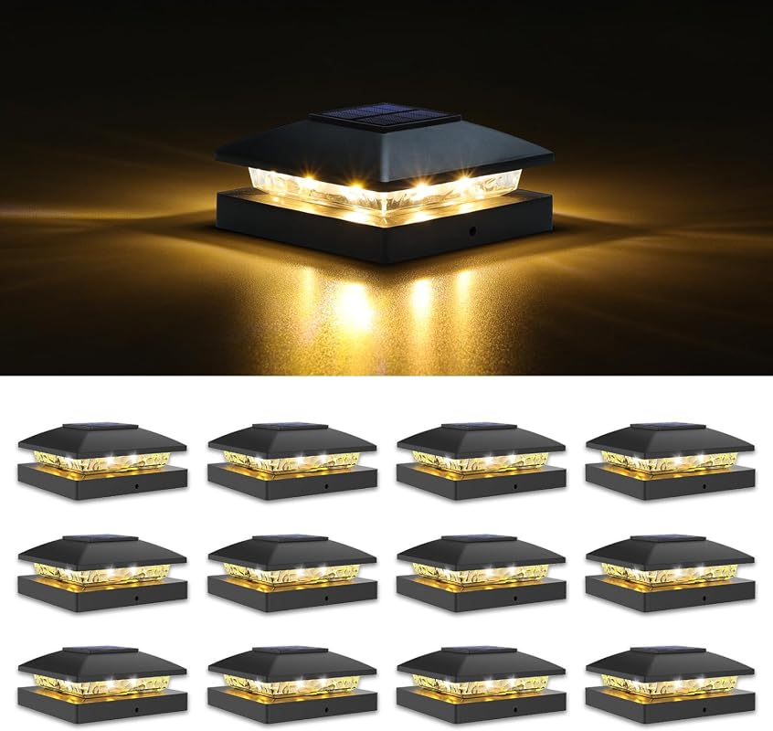 VOLISUN 4x4 Solar Post Cap Lights 12-Pack, Waterproof Black LED Deck F