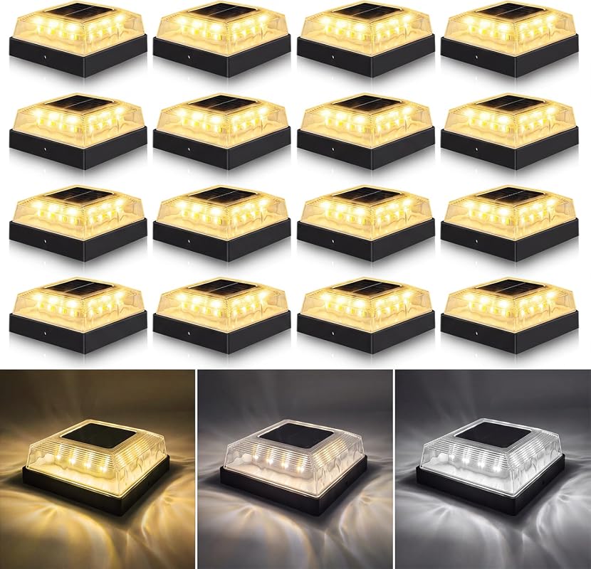 16-Pack 4x4 Solar Post Cap Lights, 3-Color Mode Waterproof LED Deck Fe