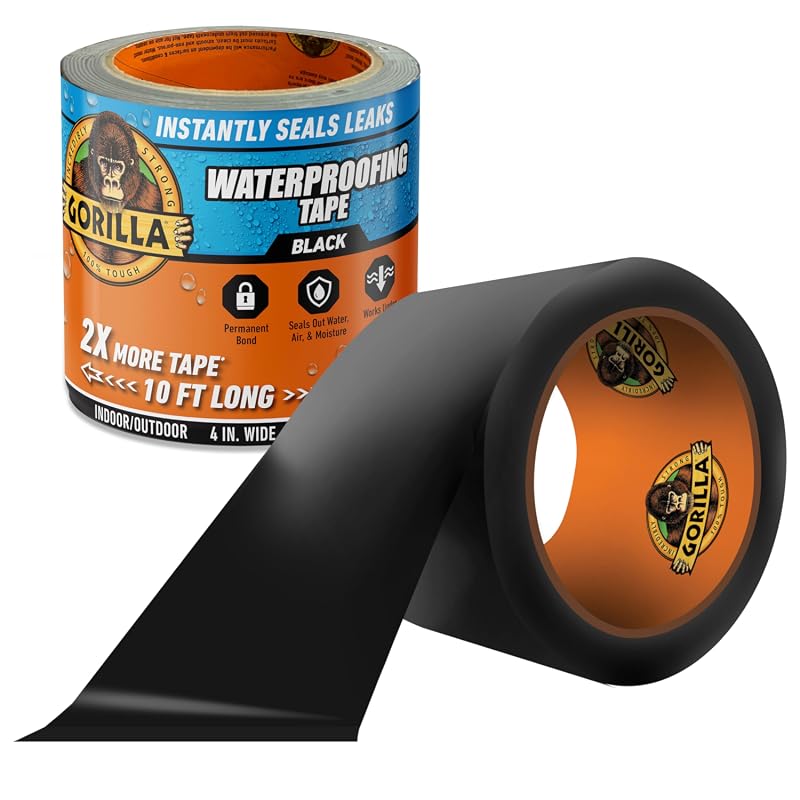 GORILLA Waterproofing Tape Permanent Black 4 Inch by 10 Feet 1-Pack He