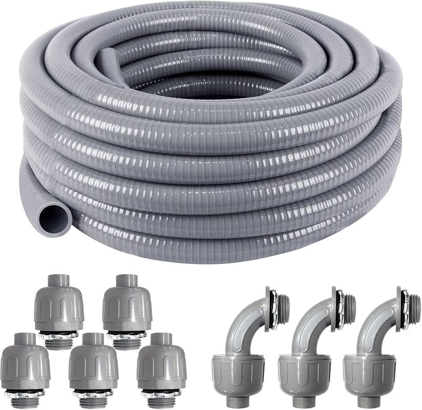Liquid-Tight Conduit and Connector Kit 1/2 Inch 25 Ft Flexible Electri