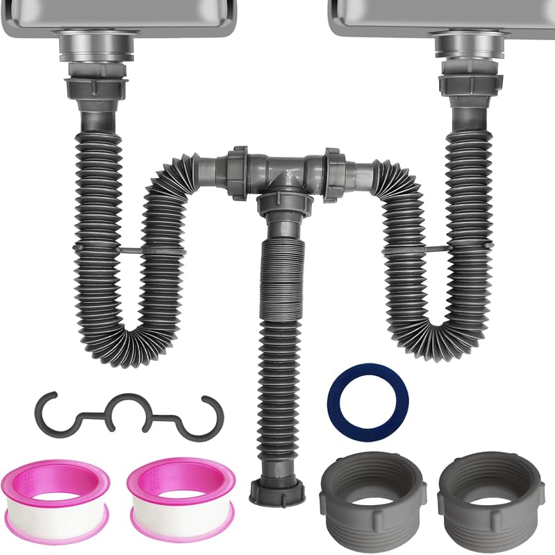 Flexible Double P-Trap Drain Kit for 1-1/2 or 1-1/4 Inch Kitchen and B
