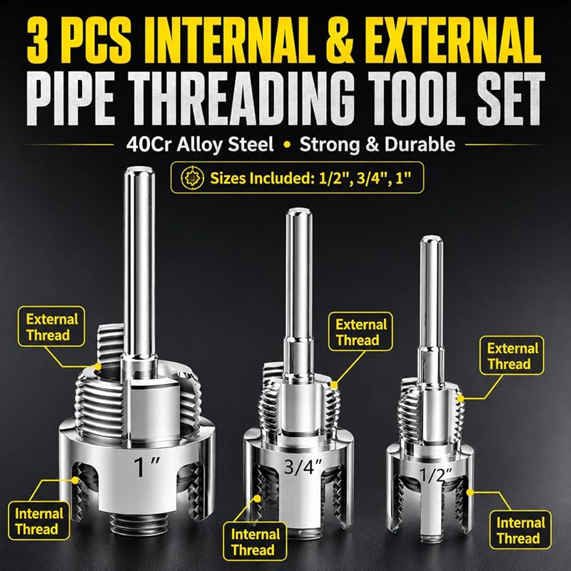 3 Pcs Internal and External Pipe Threading Tool for 1/2