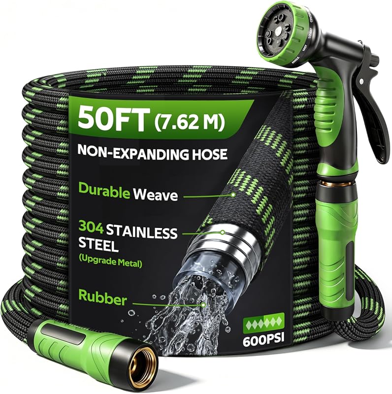 Non-Expandable Garden Hose 50 FT with 10-Function Spray Nozzle