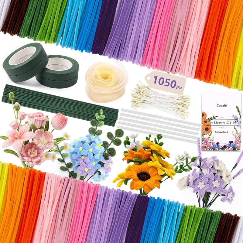 Complete 1050 PCS Pipe Cleaner Flower Kit Featuring 15 Assorted Colors